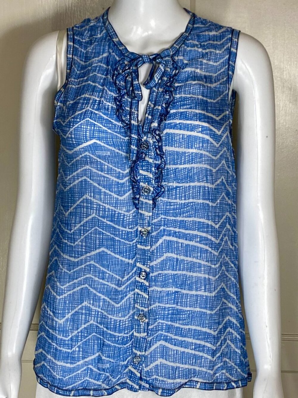 MISSONI Italy Blue Silk Bamboo Logo Ruffle Tie Neck Sleeveless Blouse 42 / 6 US